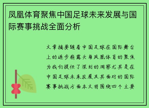 凤凰体育聚焦中国足球未来发展与国际赛事挑战全面分析